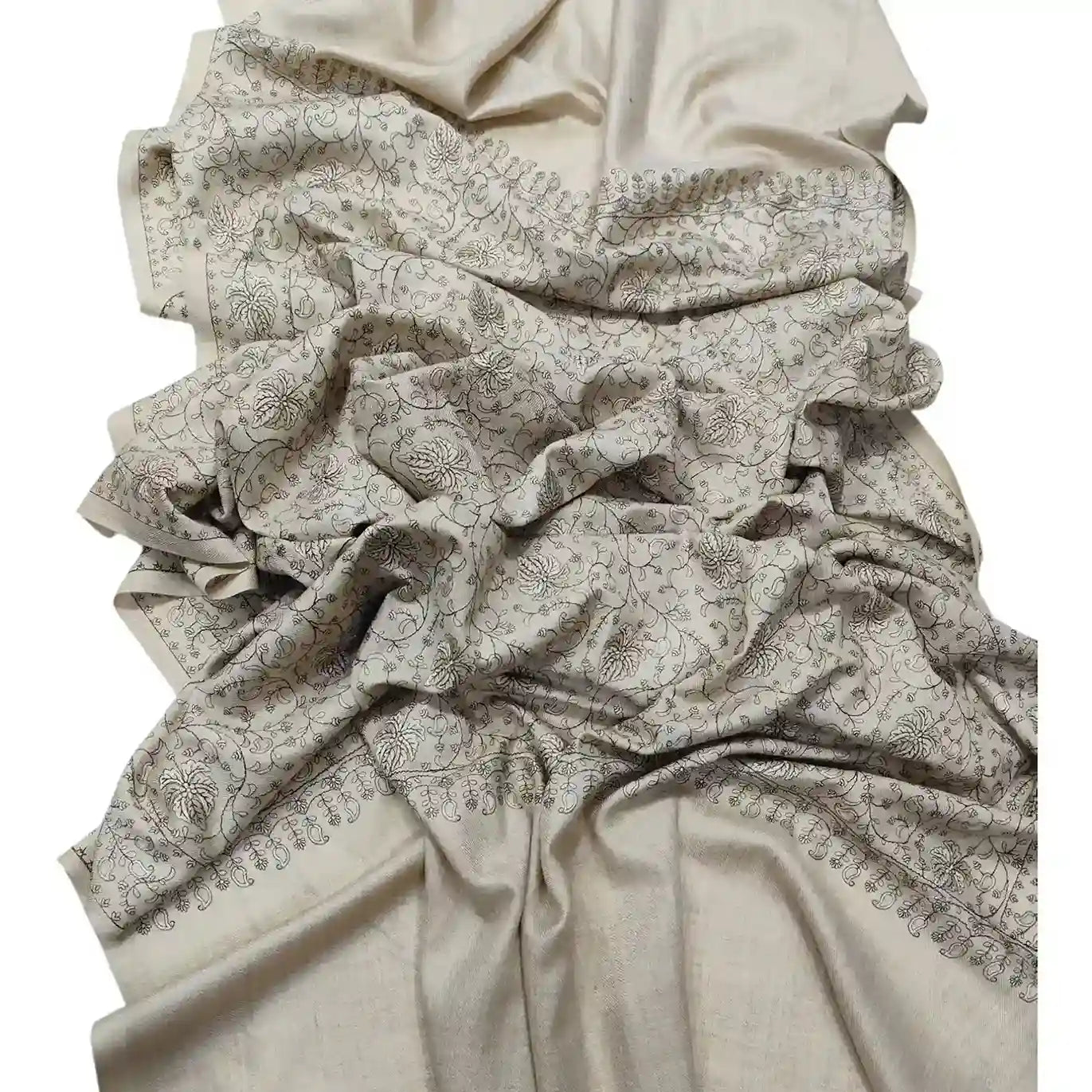 Kashmiri Fine Wool Computer Sozni Work Shawl, Beige