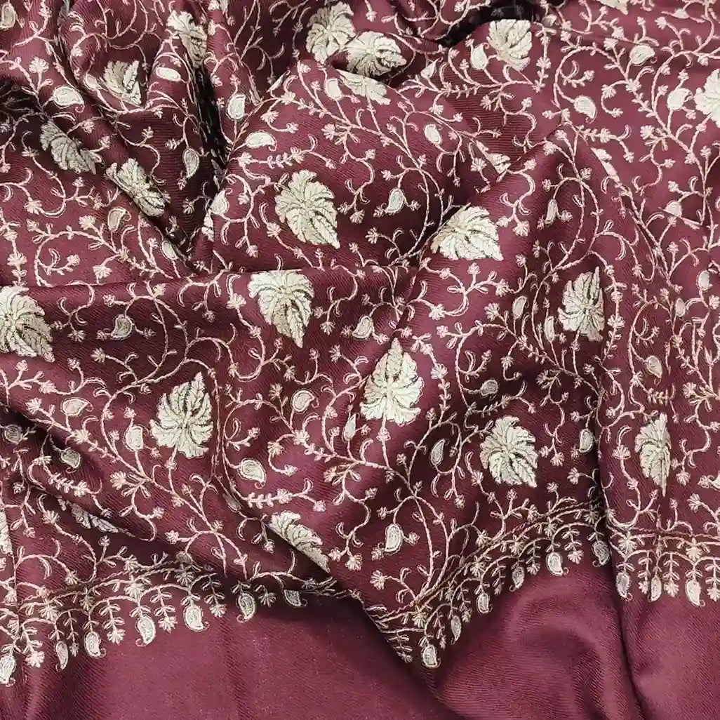 Fine Wool Computer Sozni Work Shawl - Maroon