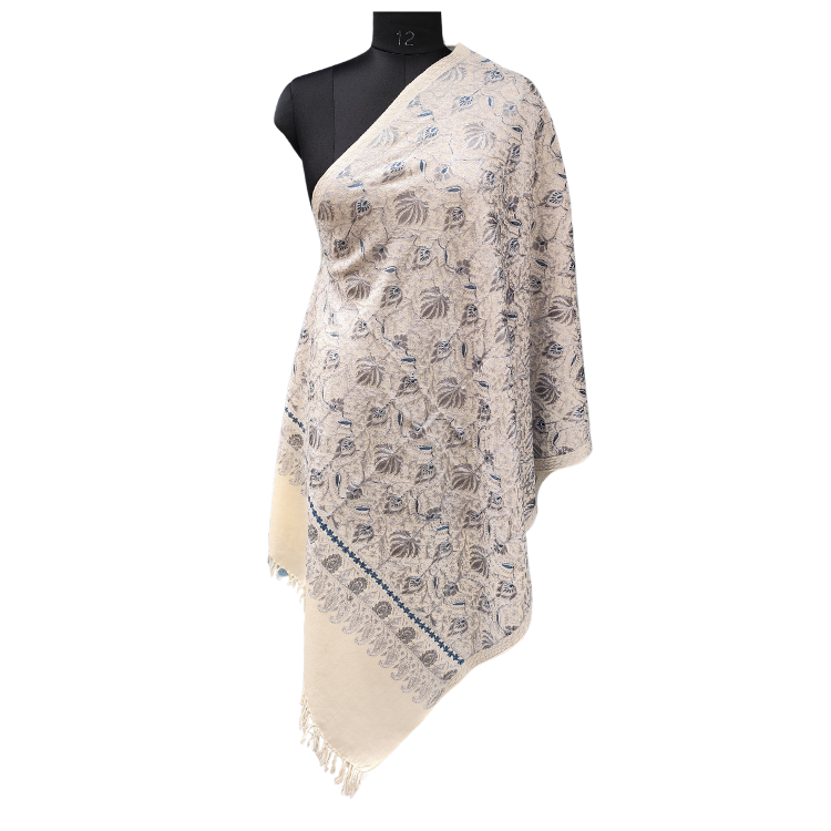 WOMENS FINE WOOL, NALKI EMBROIDERY  STOLE WHITE