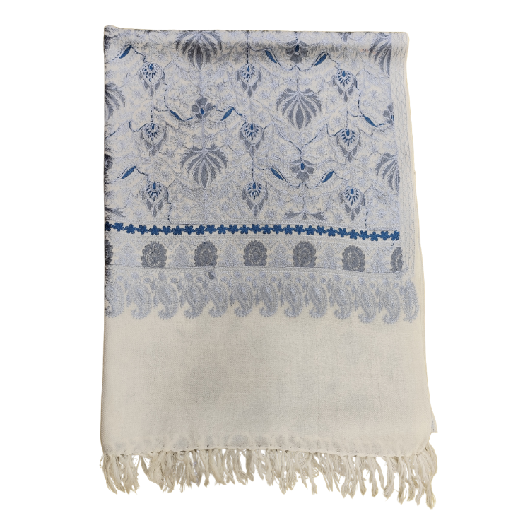 WOMENS FINE WOOL, NALKI EMBROIDERY  STOLE WHITE