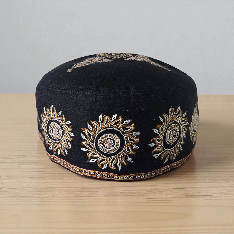 Pure Pashmina Black Embroidered Cap | Kashmiri Pashmina Headwear | Voltiger
