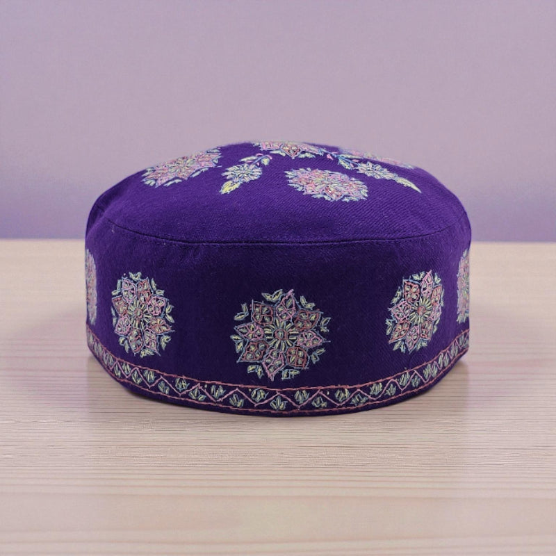 Luxury Royal Purple Kashmiri Pashmina Cap with Hand Sozni Embroidery | Voltiger