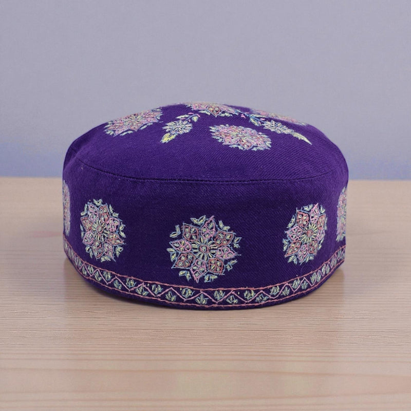 Luxury Royal Purple Kashmiri Pashmina Cap with Hand Sozni Embroidery | Voltiger