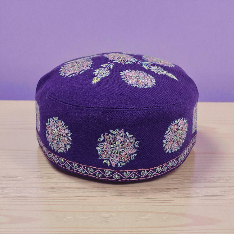 Luxury Royal Purple Kashmiri Pashmina Cap with Hand Sozni Embroidery | Voltiger