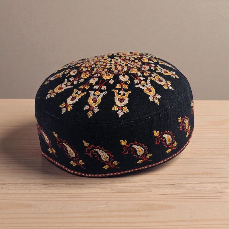 Semi-Pashmina Royal Black Multi-Colored Sozni Hand Work Embroidered Shawl | Voltiger