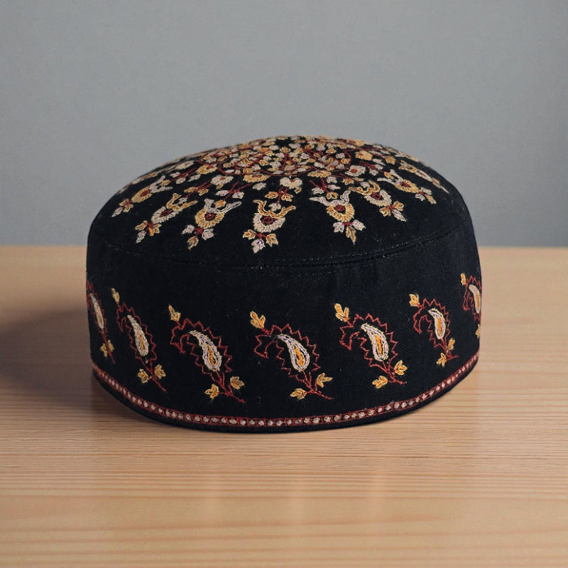 Semi-Pashmina Royal Black Multi-Colored Sozni Hand Work Embroidered Shawl | Voltiger