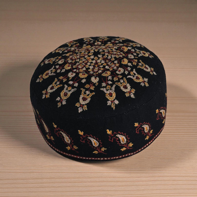 Semi-Pashmina Royal Black Multi-Colored Sozni Hand Work Embroidered Shawl | Voltiger