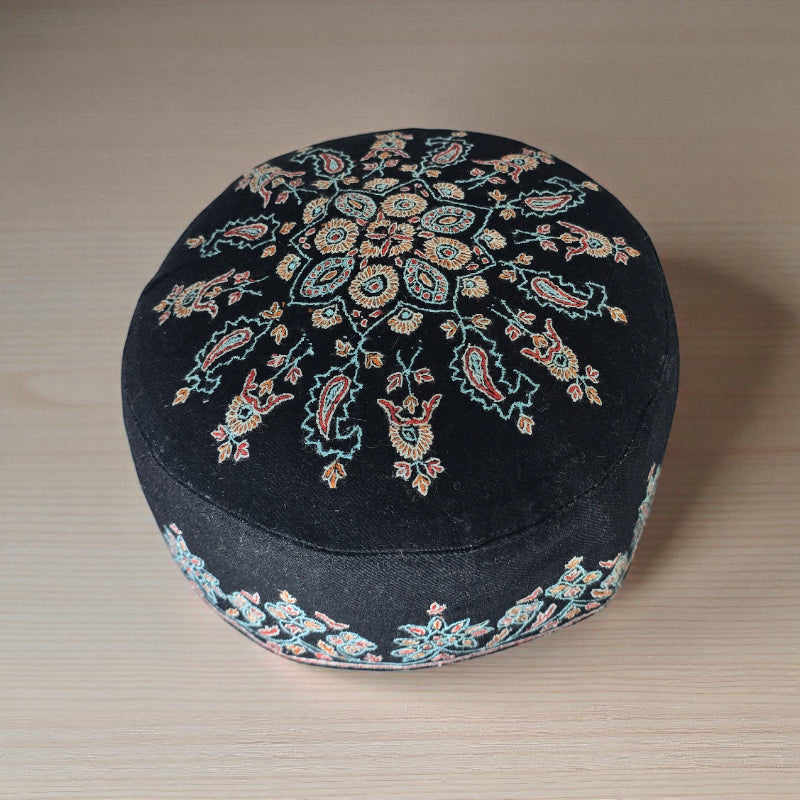 Voltiger Premium Semi Pashmina Black & White Multi-Colored Hand Embroidery Cap
