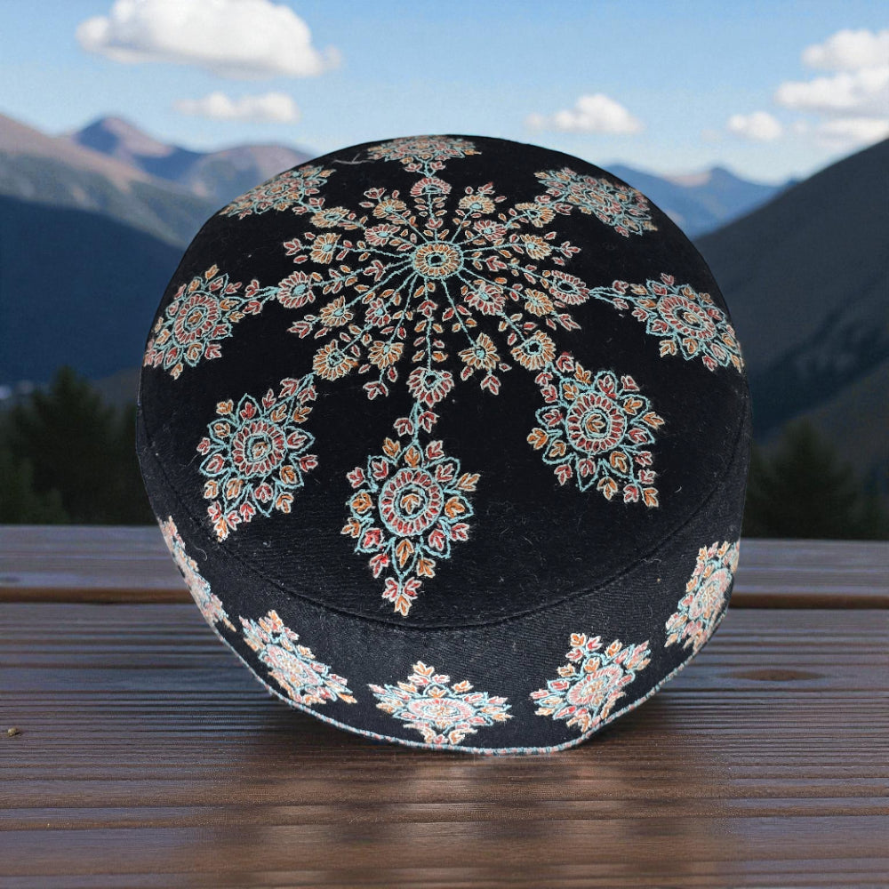 Pure Pashmina Black Multi Floral Full Embroidery | Voltiger Luxury Beanie Cap