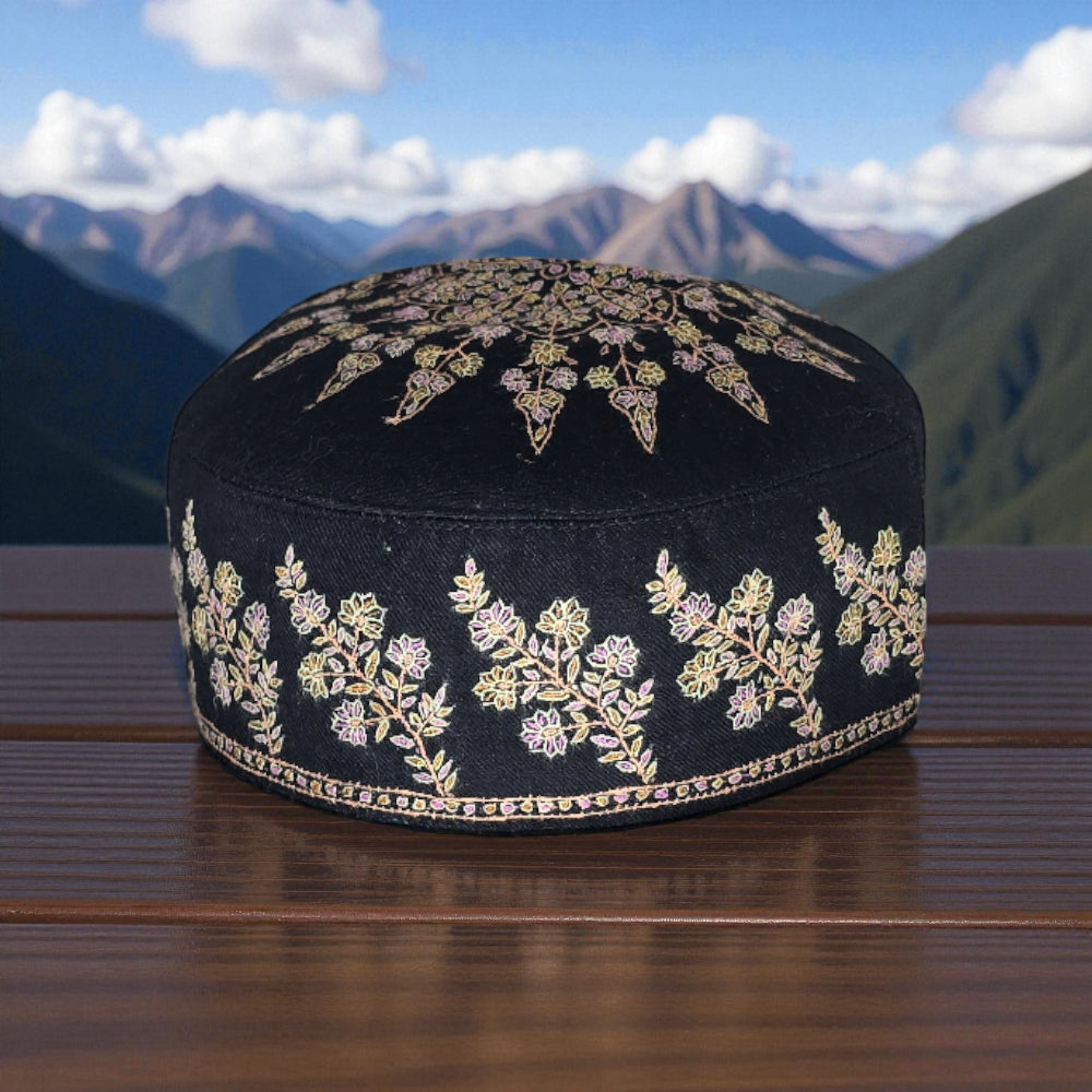 Voltiger Royal Black Pure Pashmina Hand Embroidered Ceremonial Cap