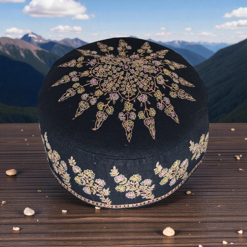 Voltiger Royal Black Pure Pashmina Hand Embroidered Ceremonial Cap
