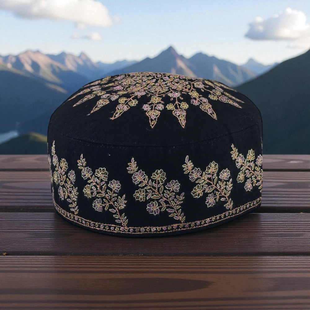 Voltiger Royal Black Pure Pashmina Hand Embroidered Ceremonial Cap