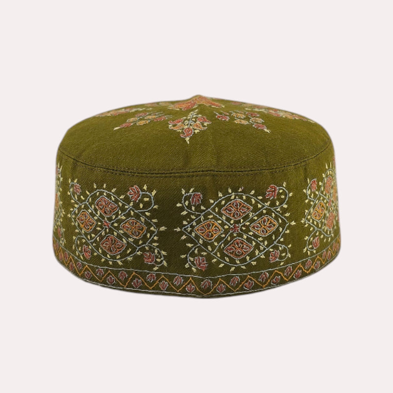 Voltiger Green Semi Pashmina Embroidered Winter Cap