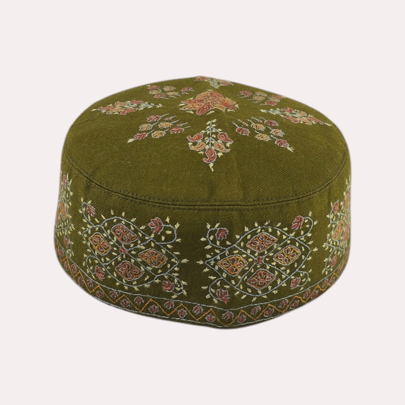 Voltiger Green Semi Pashmina Embroidered Winter Cap