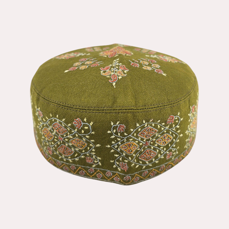 Voltiger Green Semi Pashmina Embroidered Winter Cap