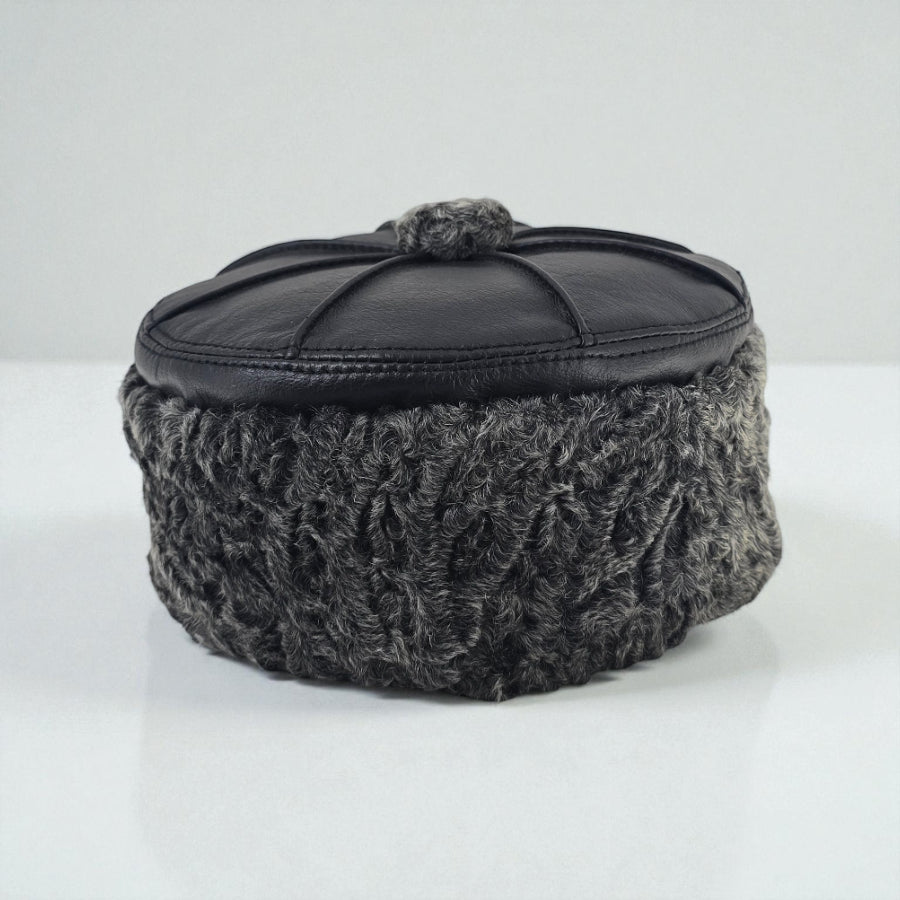 Black Karakul Fur Jinnah Cap with Genuine Leather Top - Traditional Afghan Astrakhan Style Hat