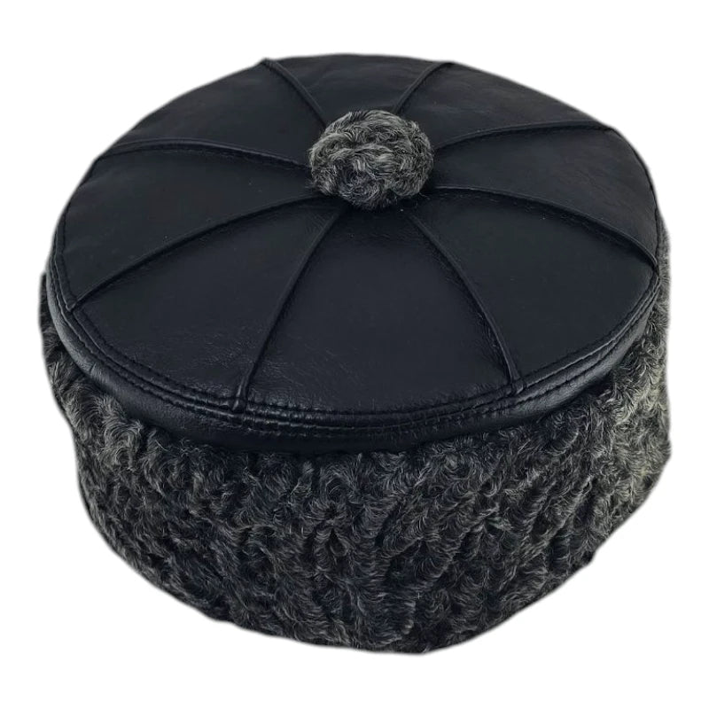 Black Karakul Fur Jinnah Cap with Genuine Leather Top - Traditional Afghan Astrakhan Style Hat