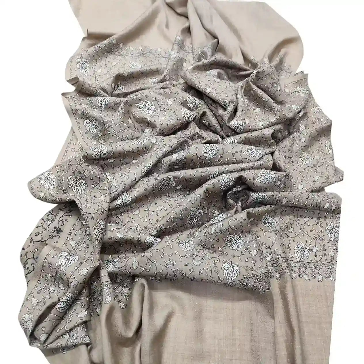 Kashmiri Sozni Work Fine Wool Shawl - Beige