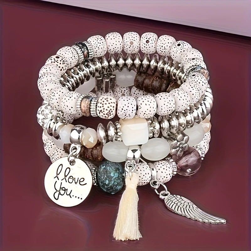4pcs Bohemian Ethnic Style Wing Tassel Bead Bracelet, Women's Fashion Jewelry, Daily Versatile Gift, Suitable for Parties and Parties, Perfect Holiday Gift for Friend or Wife!