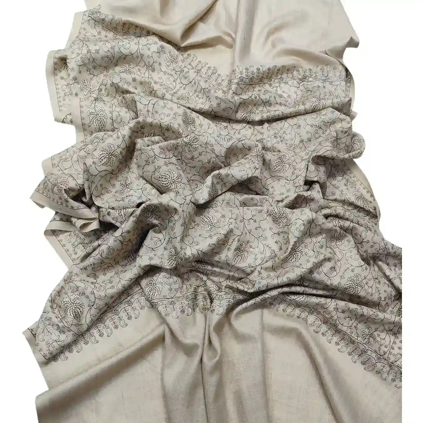 Kashmiri Fine Wool Computer Sozni Work Shawl, Beige