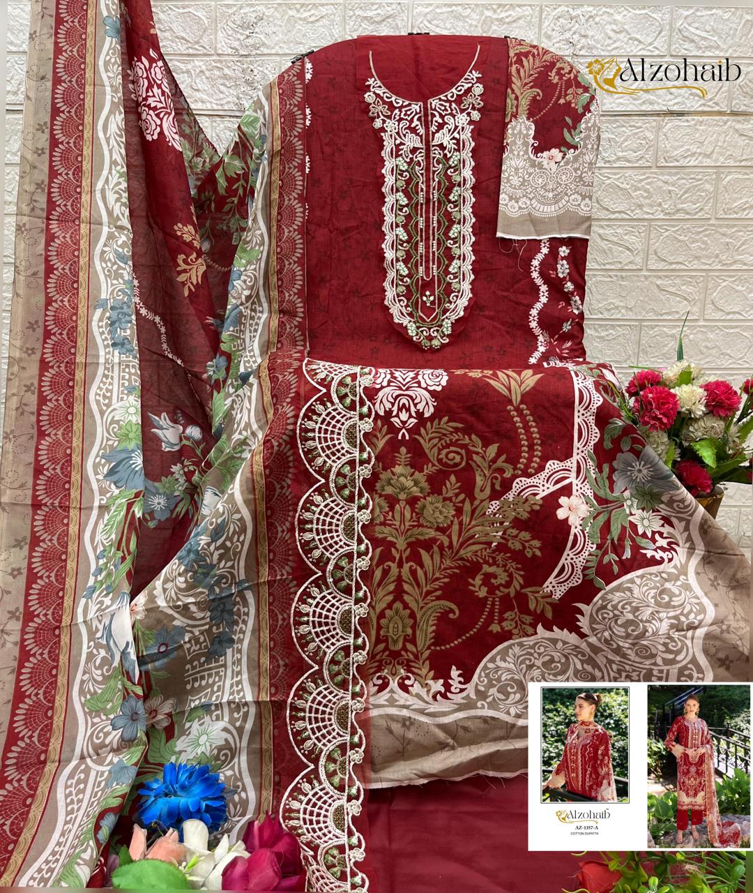 Pakistani Patch Work Lawn Cotton Frock Plazoo Suit with Cotton Dupatta