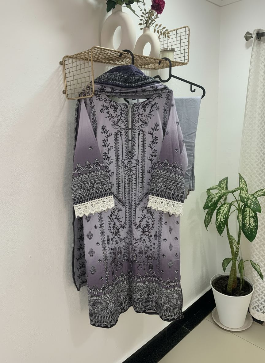 Pakistani Cotton Lawn 3-Piece Suit Ensemble - M, L, XL, XXL