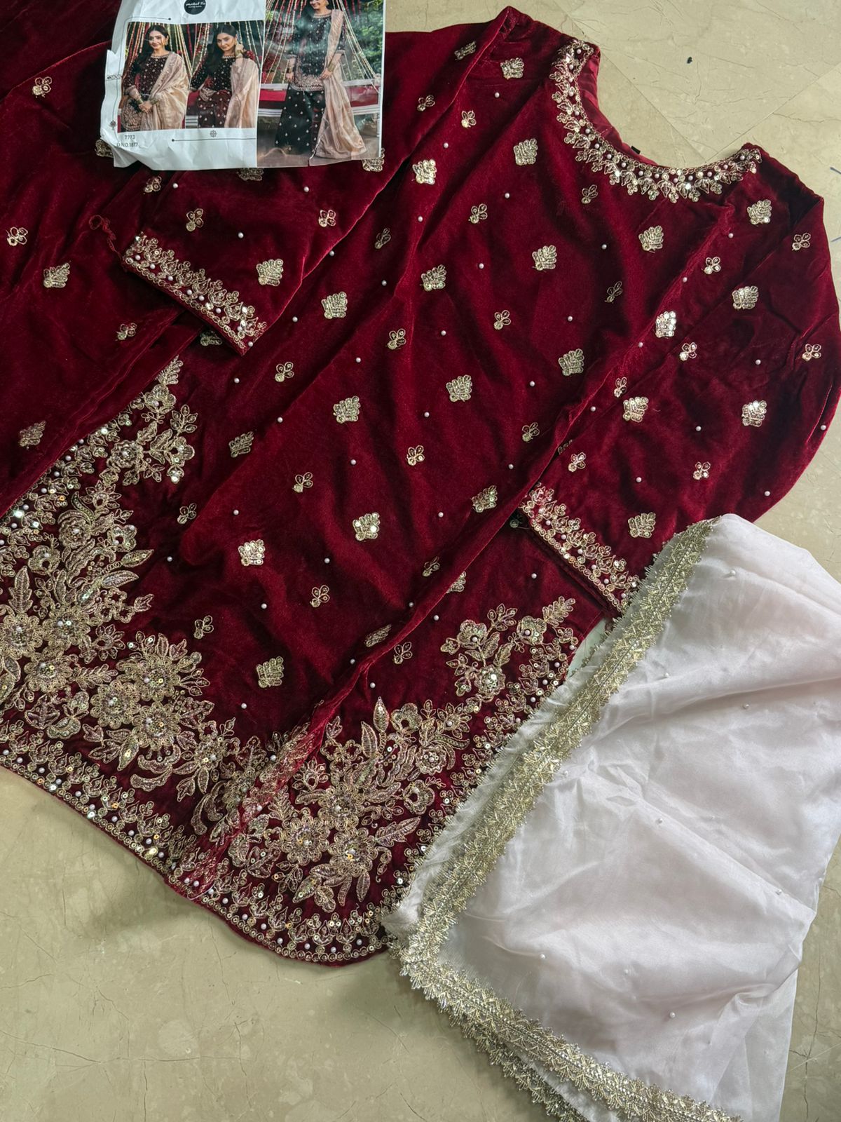 Velvet Apple Cut Style Kameez Palazzo Set with Moti & Lace Work Dupatta (L-3XL)