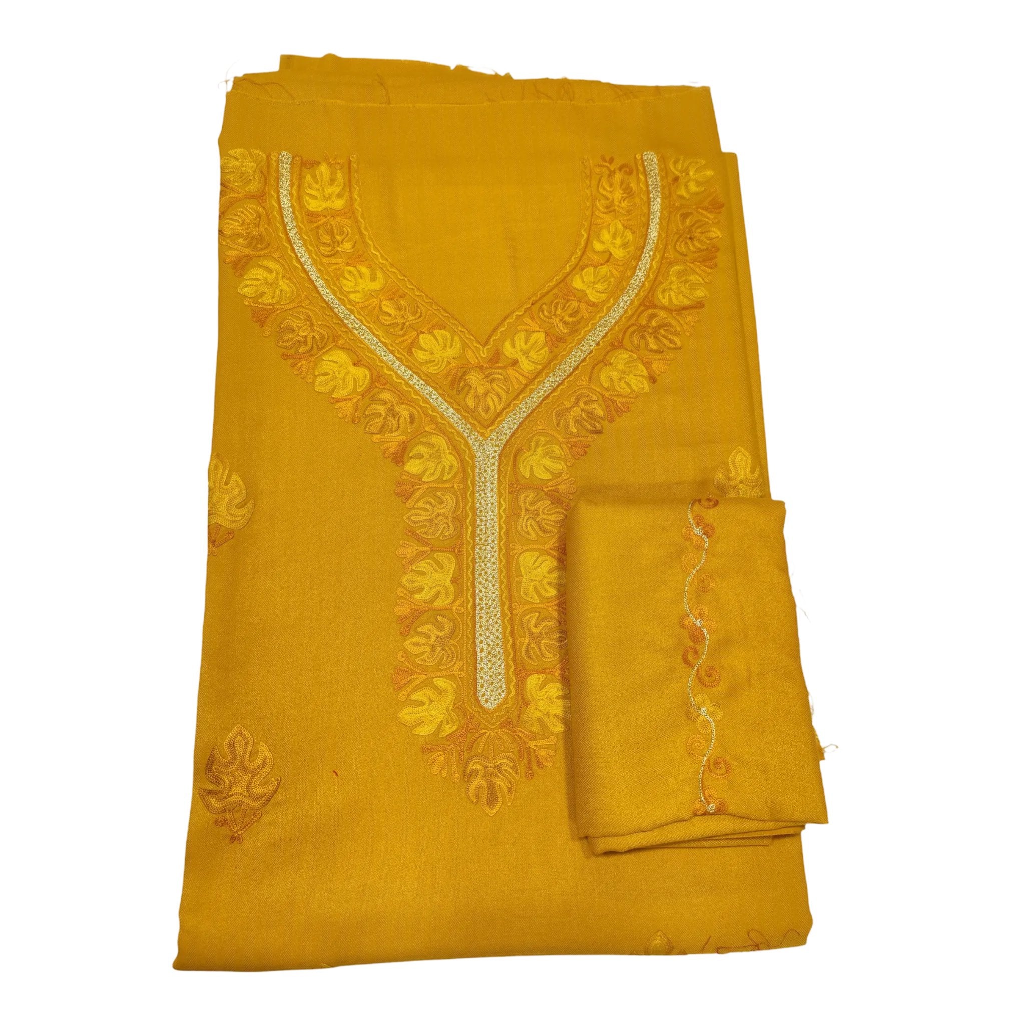 Kashmiri Aari Work Unstitched Three Piece Suit - mustard