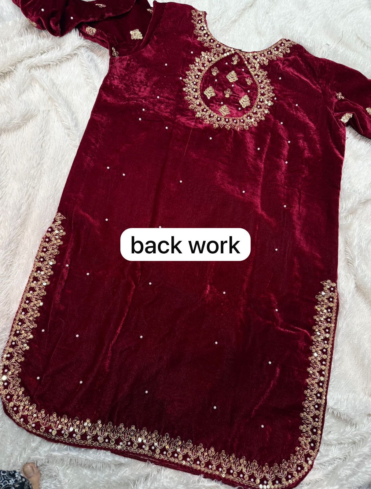 Velvet Apple Cut Style Kameez Palazzo Set with Moti & Lace Work Dupatta (L-3XL)