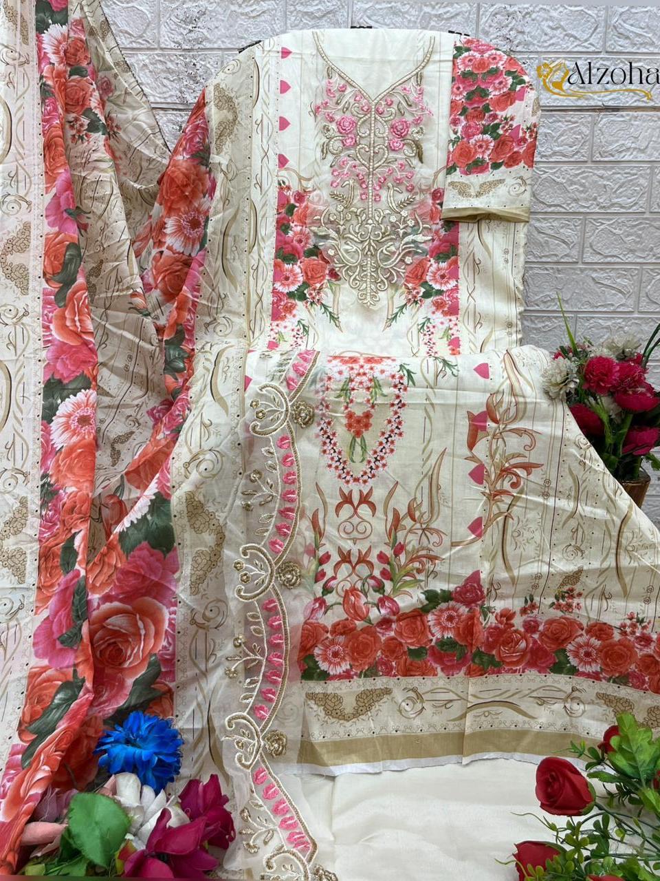 Pakistani Patch Work Lawn Cotton Frock Plazoo Suit with Cotton Dupatta