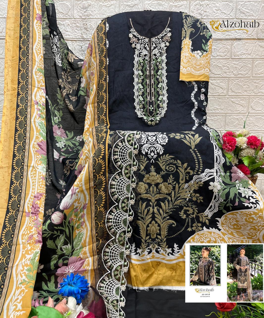 Pakistani Patch Work Lawn Cotton Frock Plazoo Suit with Cotton Dupatta