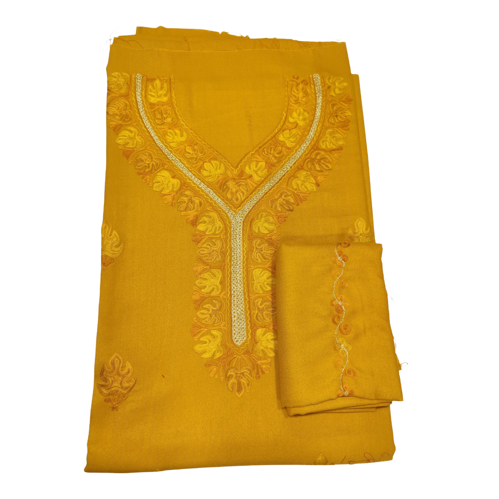 Kashmiri Aari Work Unstitched Three Piece Suit - mustard