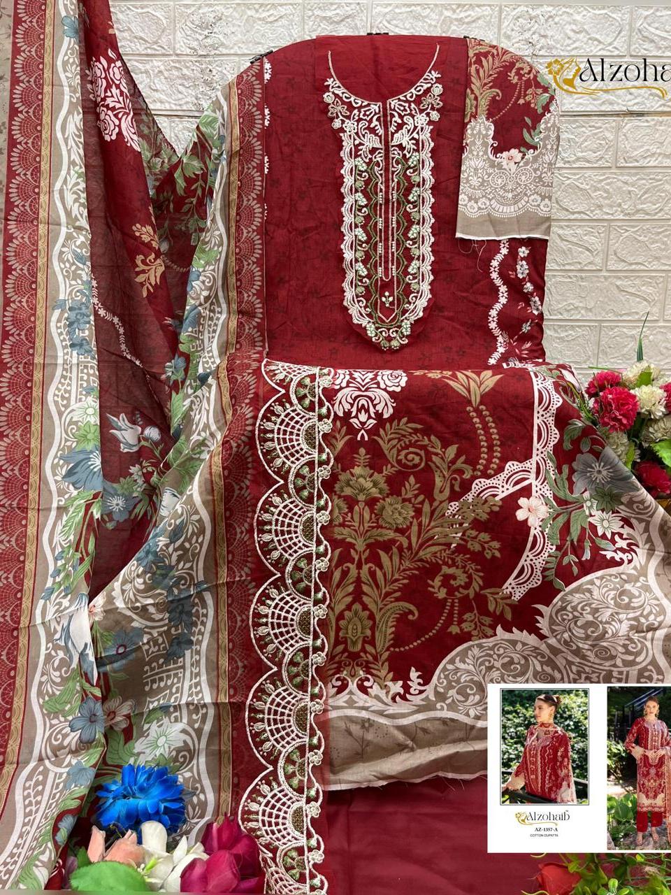 Pakistani Patch Work Lawn Cotton Frock Plazoo Suit with Cotton Dupatta