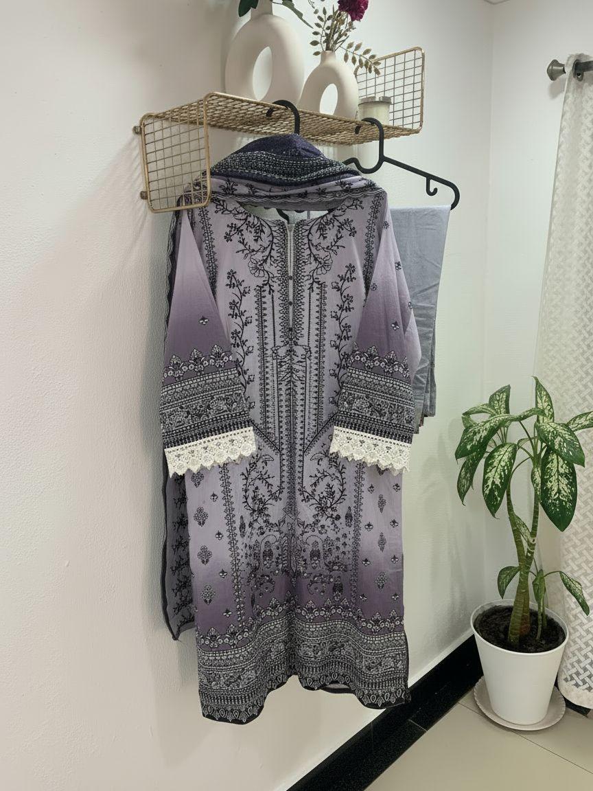Pakistani Cotton Lawn 3-Piece Suit Ensemble - M, L, XL, XXL