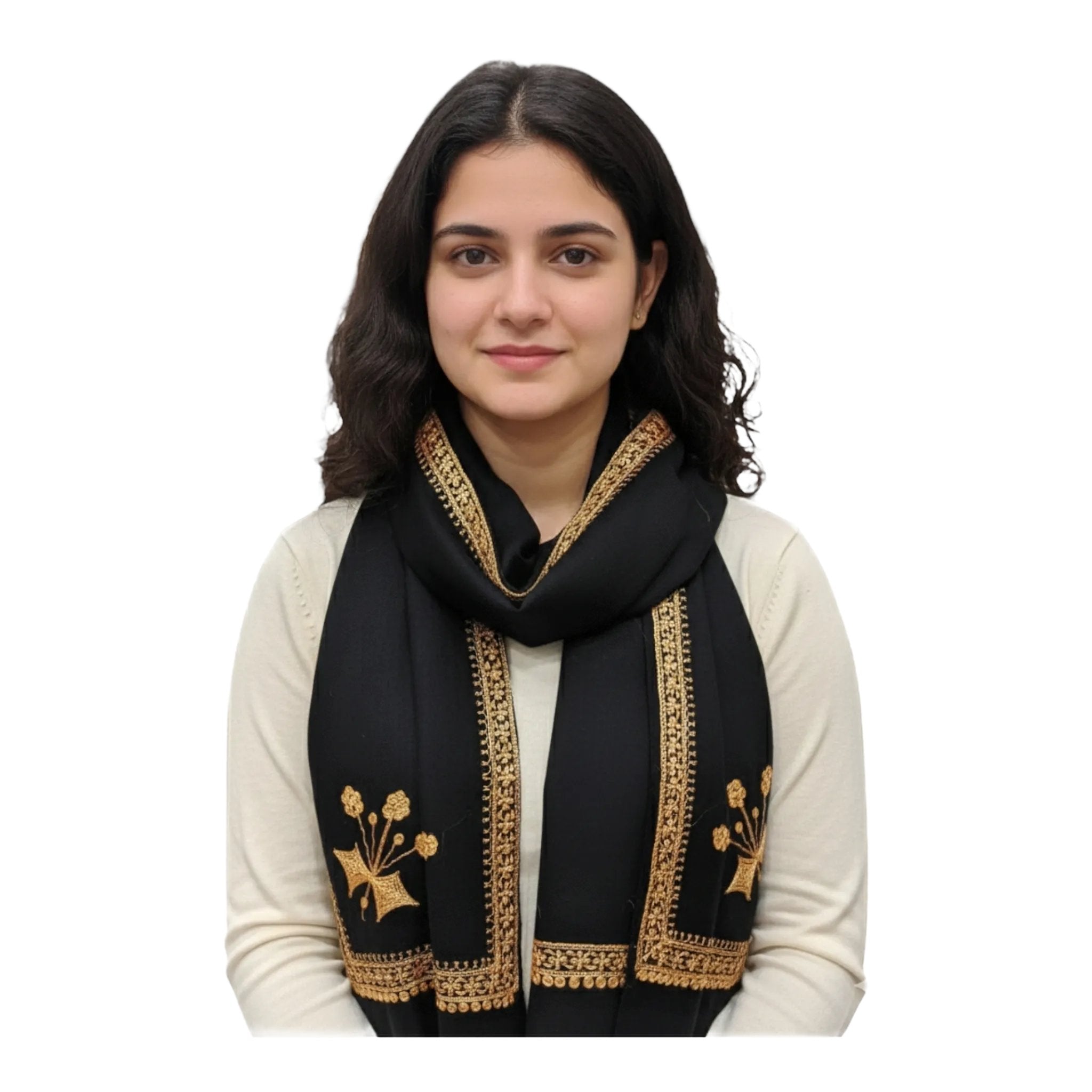 Kashmiri Machine-Embroidered Teli Work Fine Wool Blend Stole - Black